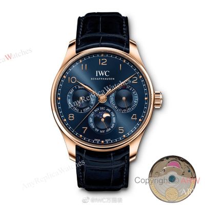 High Quality Replica IWC Dark Blue Genuine Leather Strap Dark Blue Face Dial Rose Gold Stainless Steel Case Watch 42mm